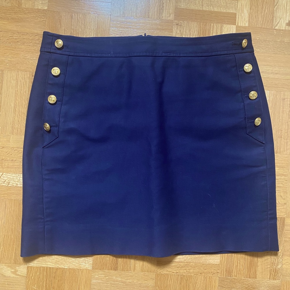 J Crew mini skirt, navy, sailor-style.